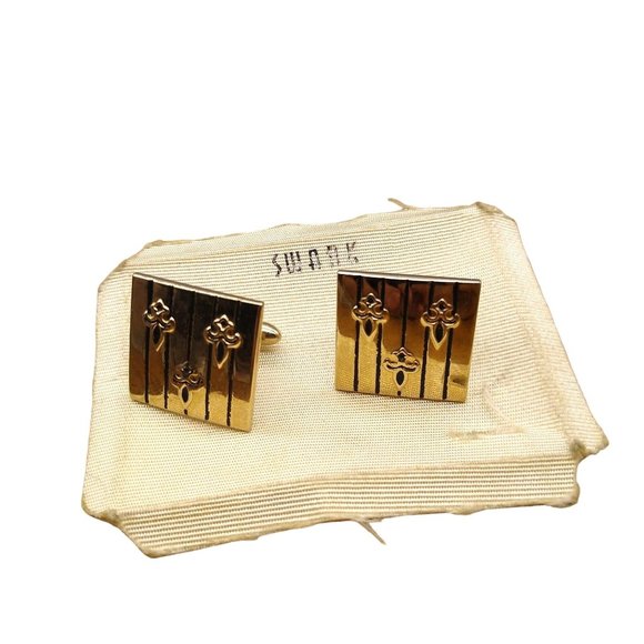 Vintage Swank Cuff Links, Fleur de Lis in Gold Tone with Enamel Stripes - Picture 1 of 4
